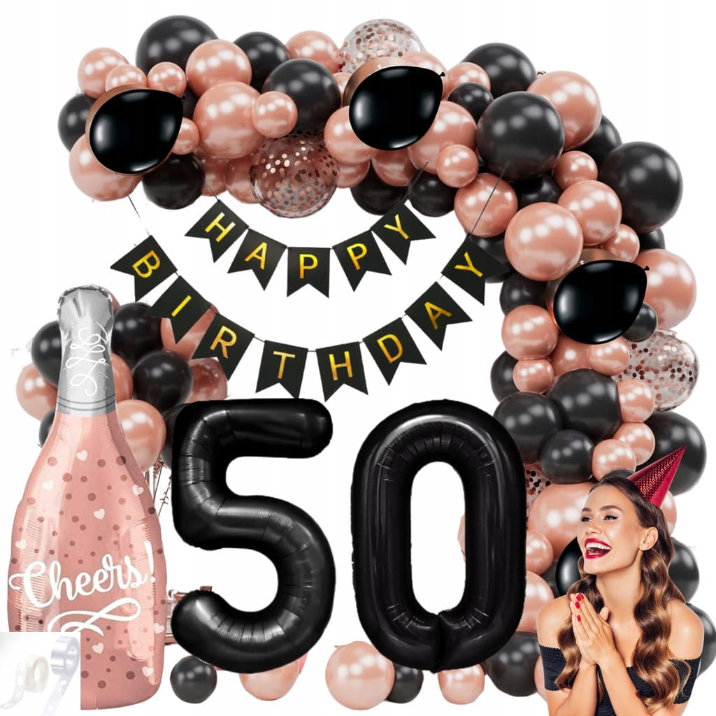GIRLANDA BALONOWA ZESTAW DEKORACJI BALONY NA 50 URODZINY ROSE GOLD CZARNE