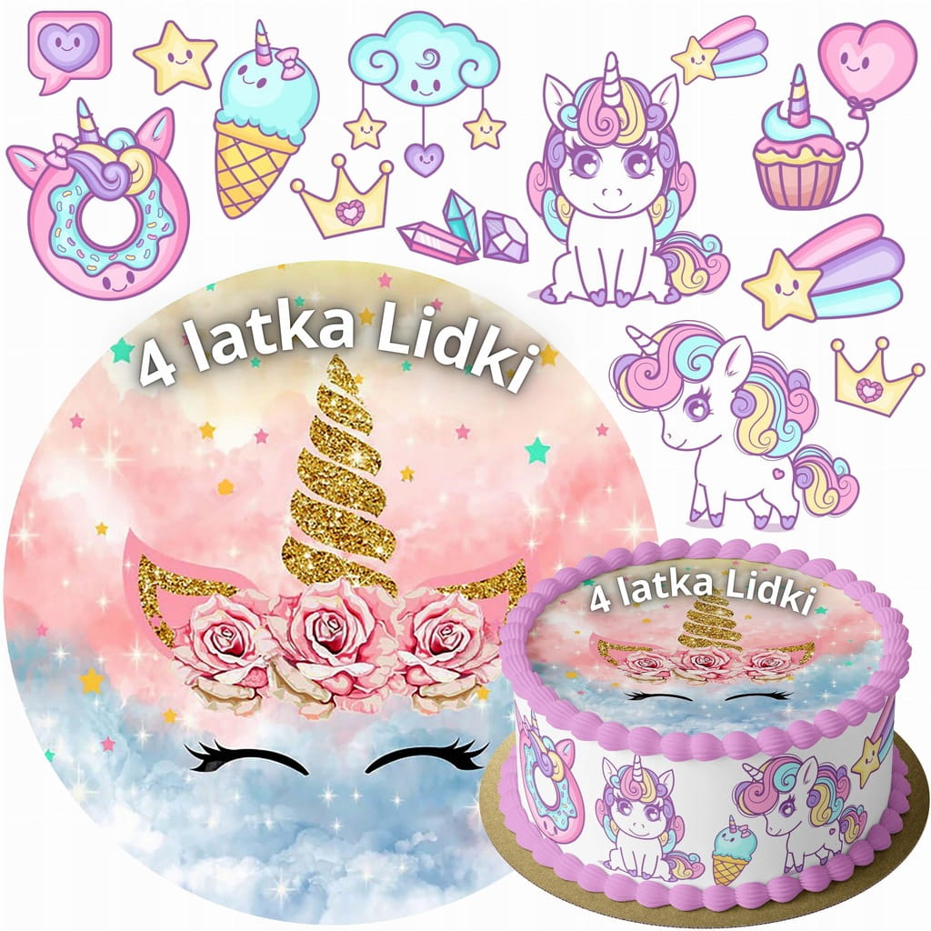 MEGA ZESTAW OPŁATEK NA TORT UNICORN JEDNOROŻEC + 12 POSTACI + TWÓJ NAPIS