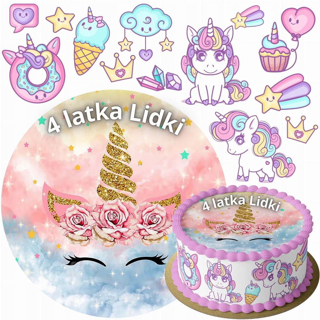 MEGA ZESTAW OPŁATEK NA TORT UNICORN JEDNOROŻEC + 12 POSTACI + TWÓJ NAPIS