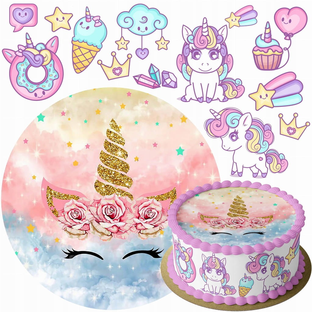 MEGA ZESTAW OPŁATEK NA TORT UNICORN JEDNOROŻEC + 12 POSTACI + TWÓJ NAPIS