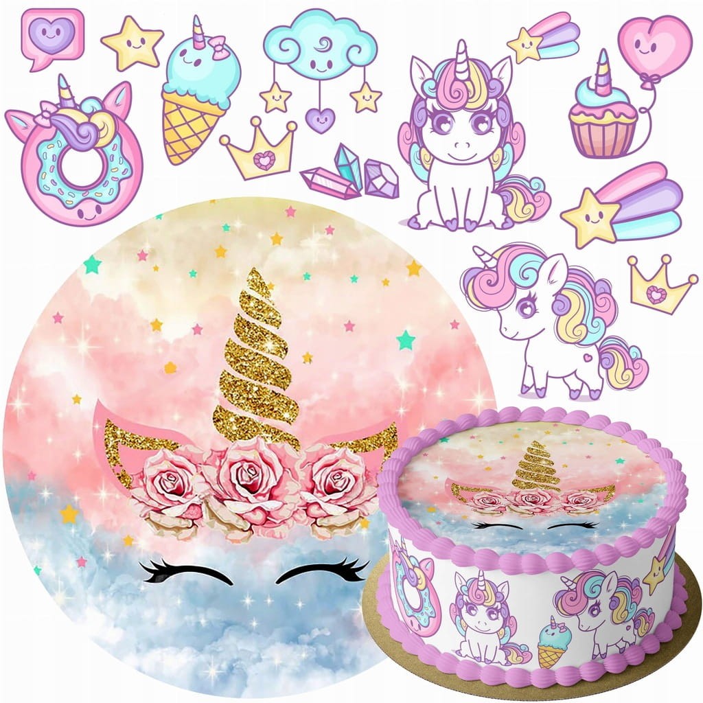 MEGA ZESTAW OPŁATEK NA TORT UNICORN JEDNOROŻEC + 12 POSTACI + TWÓJ NAPIS