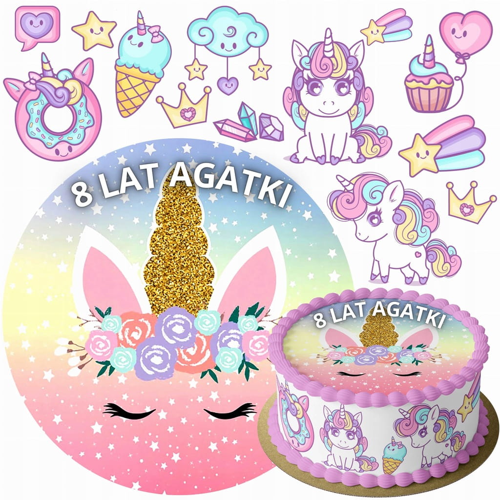 MEGA ZESTAW OPŁATEK NA TORT UNICORN JEDNOROŻEC + 12 POSTACI + TWÓJ NAPIS