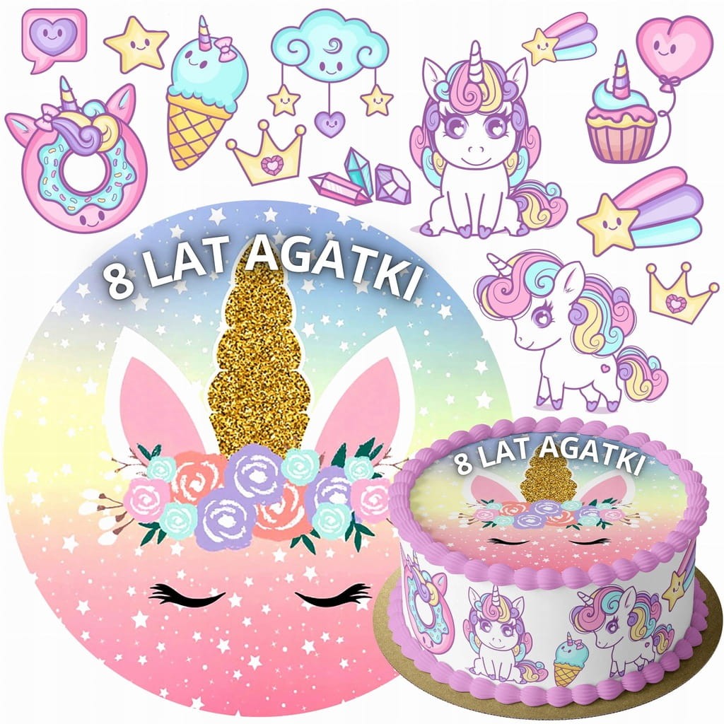 MEGA ZESTAW OPŁATEK NA TORT UNICORN JEDNOROŻEC + 12 POSTACI + TWÓJ NAPIS
