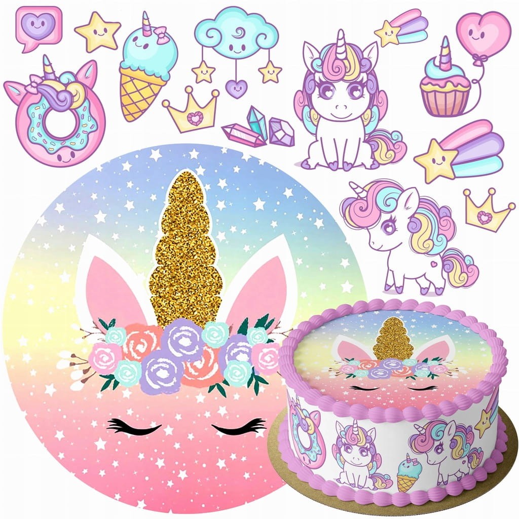 MEGA ZESTAW OPŁATEK NA TORT UNICORN JEDNOROŻEC + 12 POSTACI + TWÓJ NAPIS