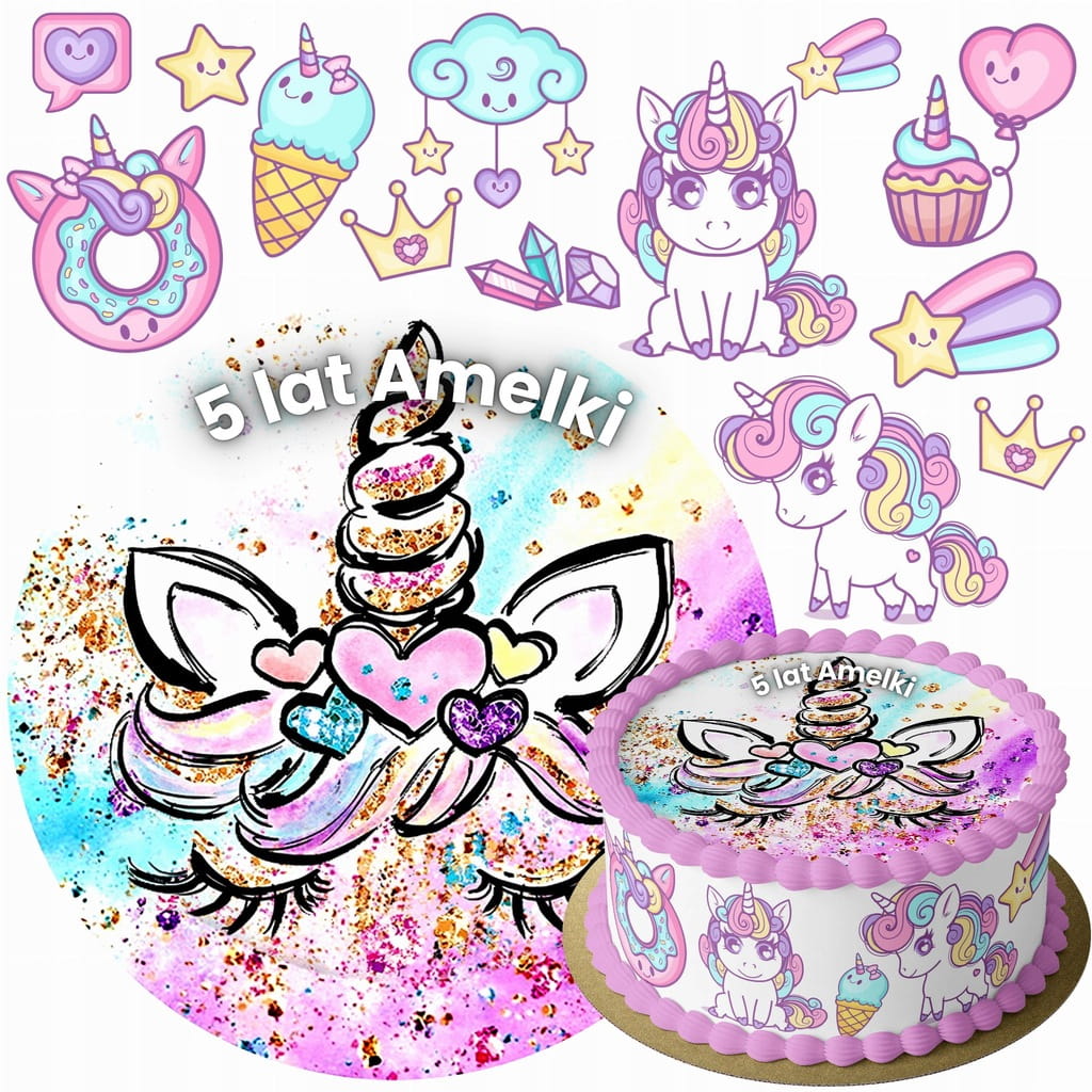 MEGA ZESTAW OPŁATEK NA TORT UNICORN JEDNOROŻEC + 12 POSTACI + TWÓJ NAPIS