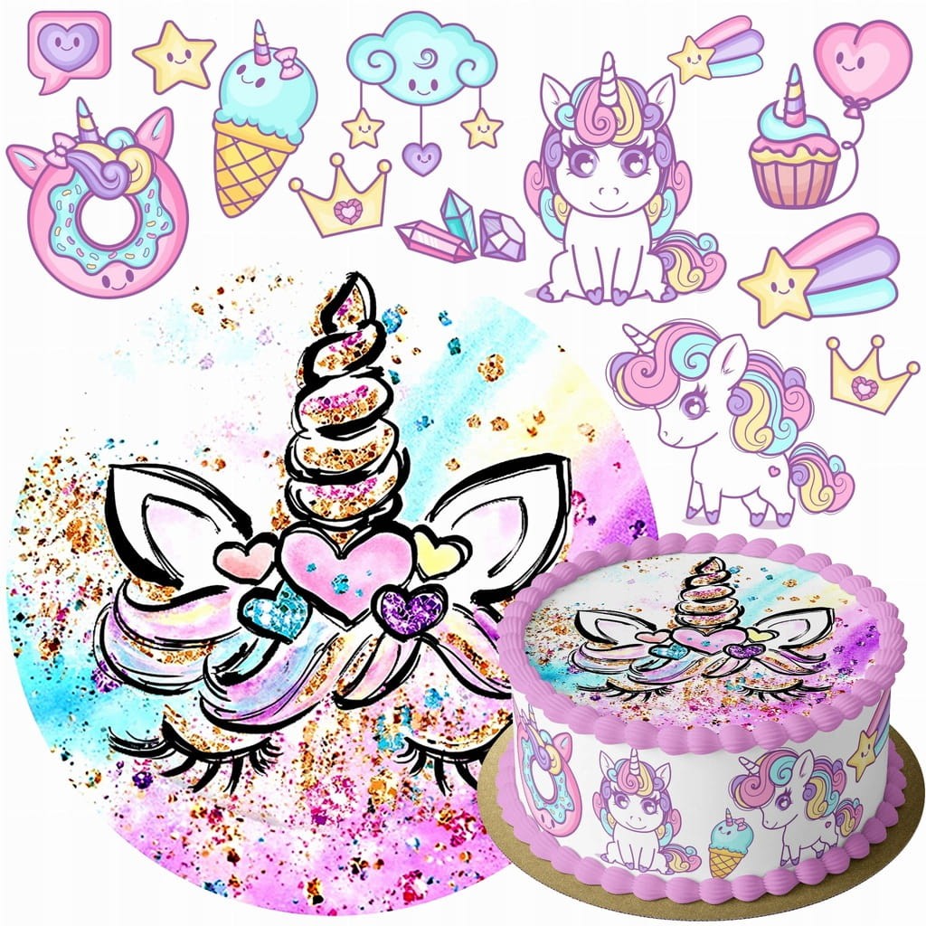 MEGA ZESTAW OPŁATEK NA TORT UNICORN JEDNOROŻEC + 12 POSTACI + TWÓJ NAPIS