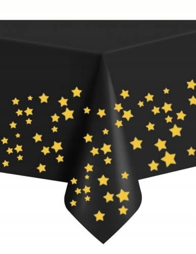 OBRUS foliowy CZARNY W ZŁOTE gwiazdki 137x274cm