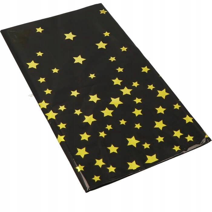 OBRUS foliowy CZARNY W ZŁOTE gwiazdki 137x274cm
