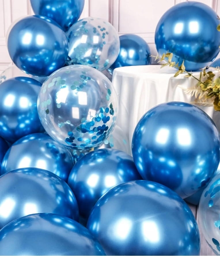 BALONY Duże z KONFETTI Niebieskie Ślub Przezroczyste 30cm 10szt.