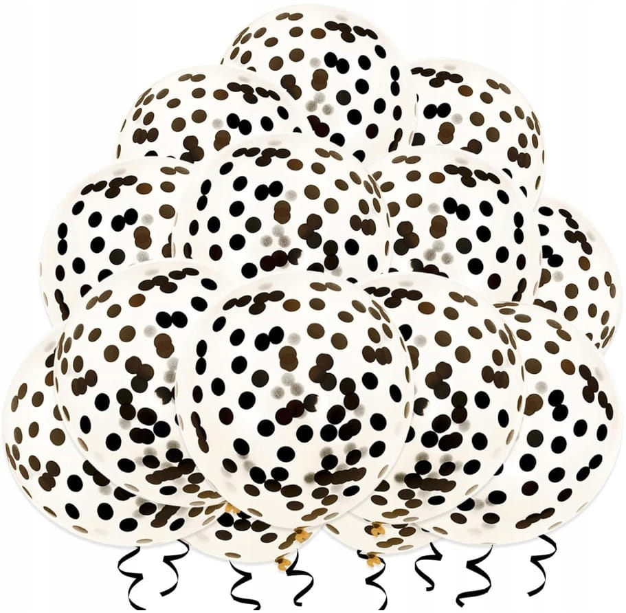 BALONY Duże z KONFETTI Czarne Urodziny Przezroczyste 30cm 10szt.