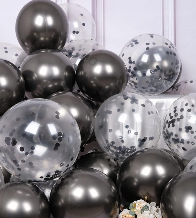 BALONY Duże z KONFETTI Czarne Urodziny Przezroczyste 30cm 10szt.