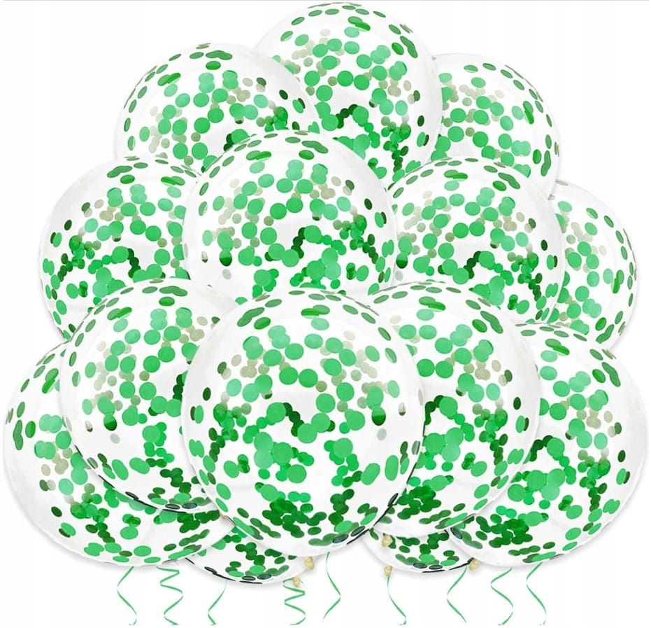 BALONY Duże z KONFETTI Zielone Ślub Przezroczyste 30cm 10szt.