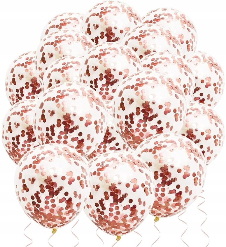 BALONY Duże z KONFETTI Rose Gold Rózowe Złoto Ślub Przezroczyste 10szt 30cm