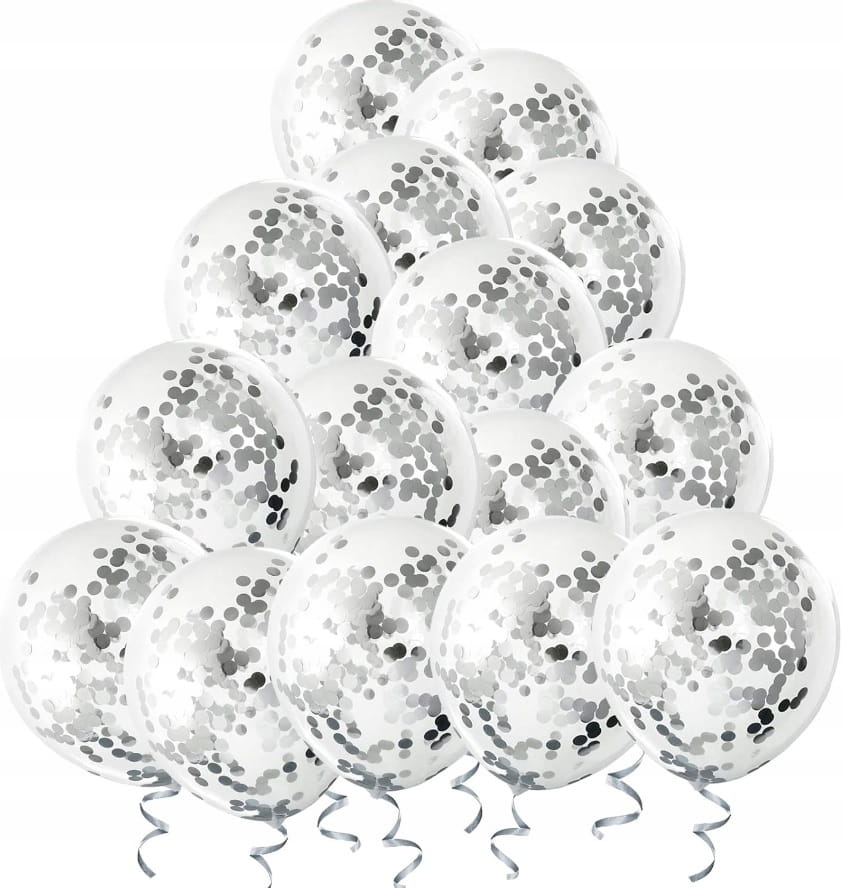 BALONY Duże z KONFETTI Srebrne Ślub Przezroczyste 10 szt. 30cm