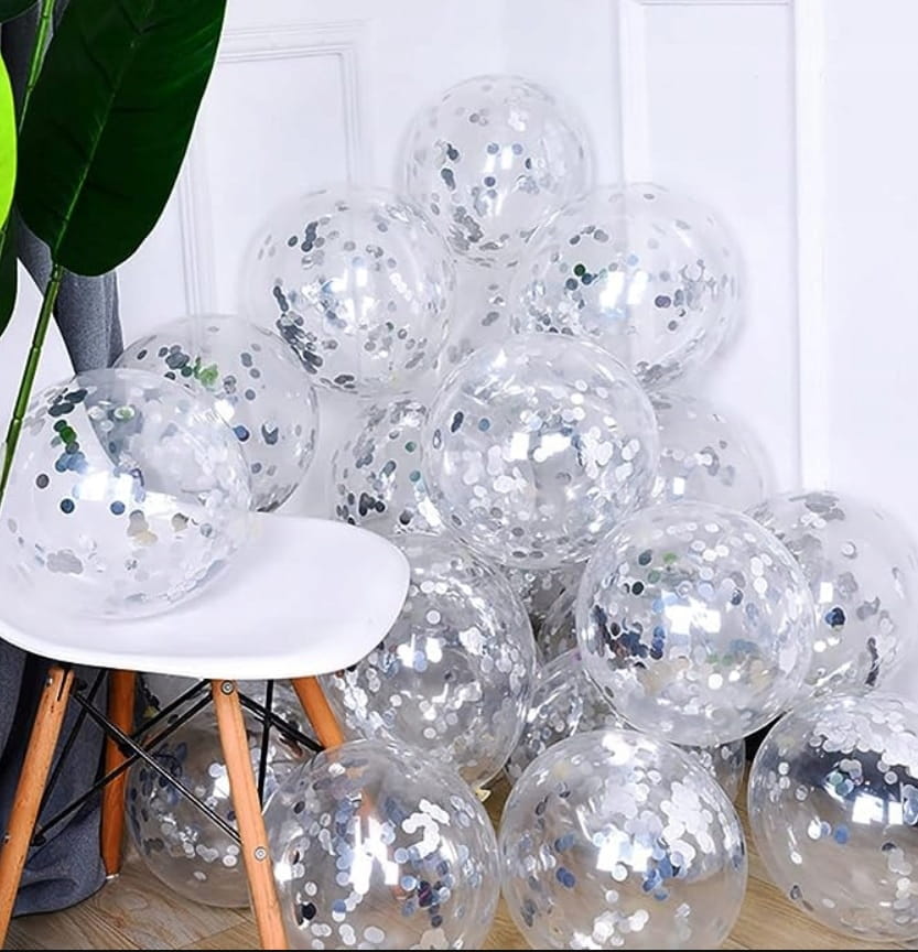 BALONY Duże z KONFETTI Srebrne Ślub Przezroczyste 10 szt. 30cm