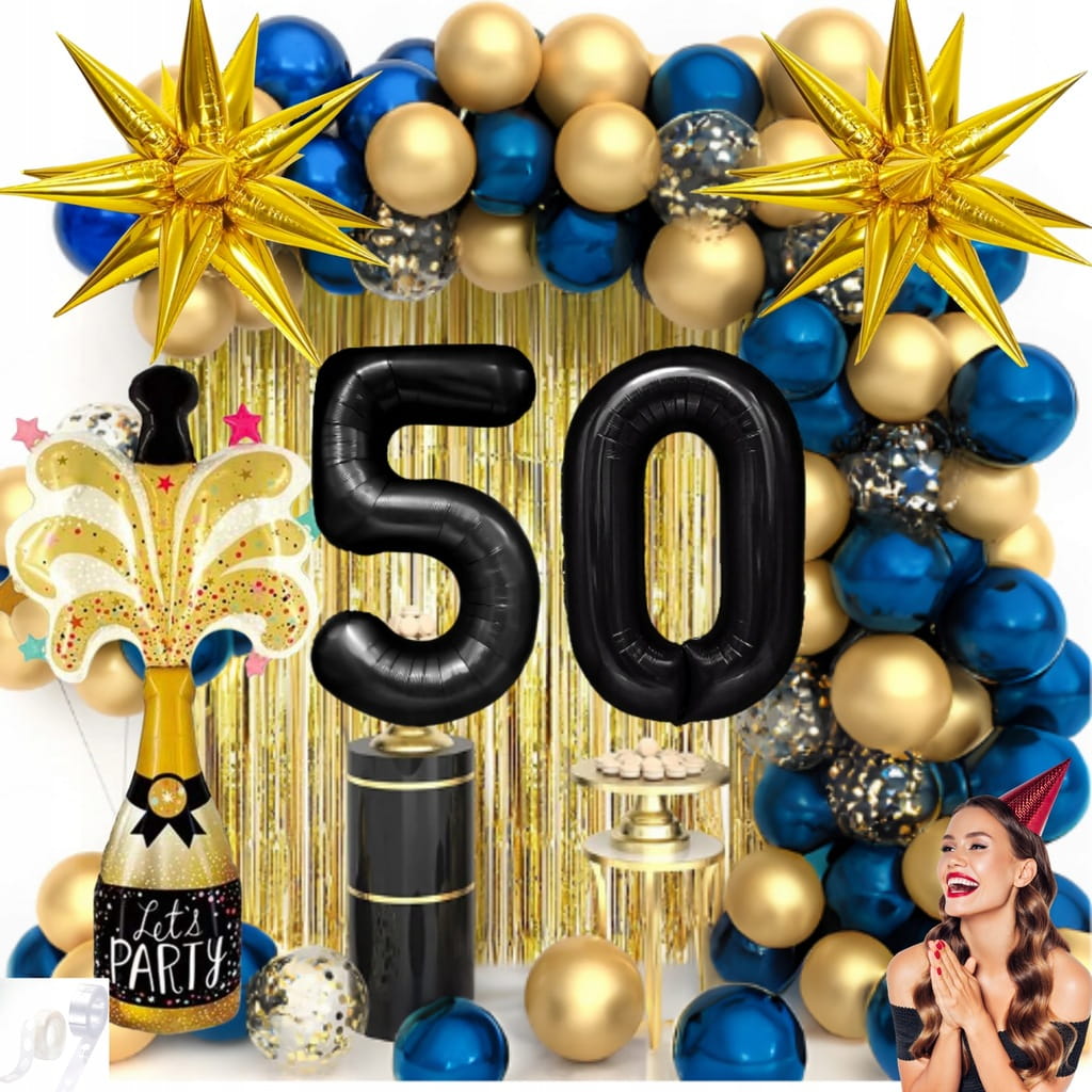 ZESTAW DEKORACJI balony 50 URODZINY ścianka granatowo złota