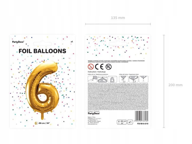 BALON urodzinowy foliowy CYFRA 6 ZŁOTY