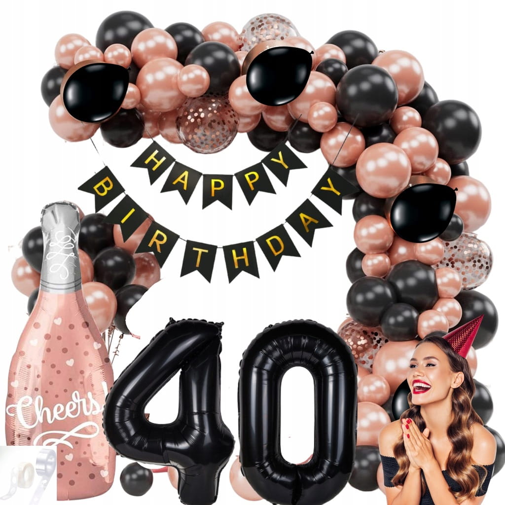 GIRLANDA BALONOWA ZESTAW DEKORACJI BALONY NA 40 URODZINY ROSE GOLD CZARNE