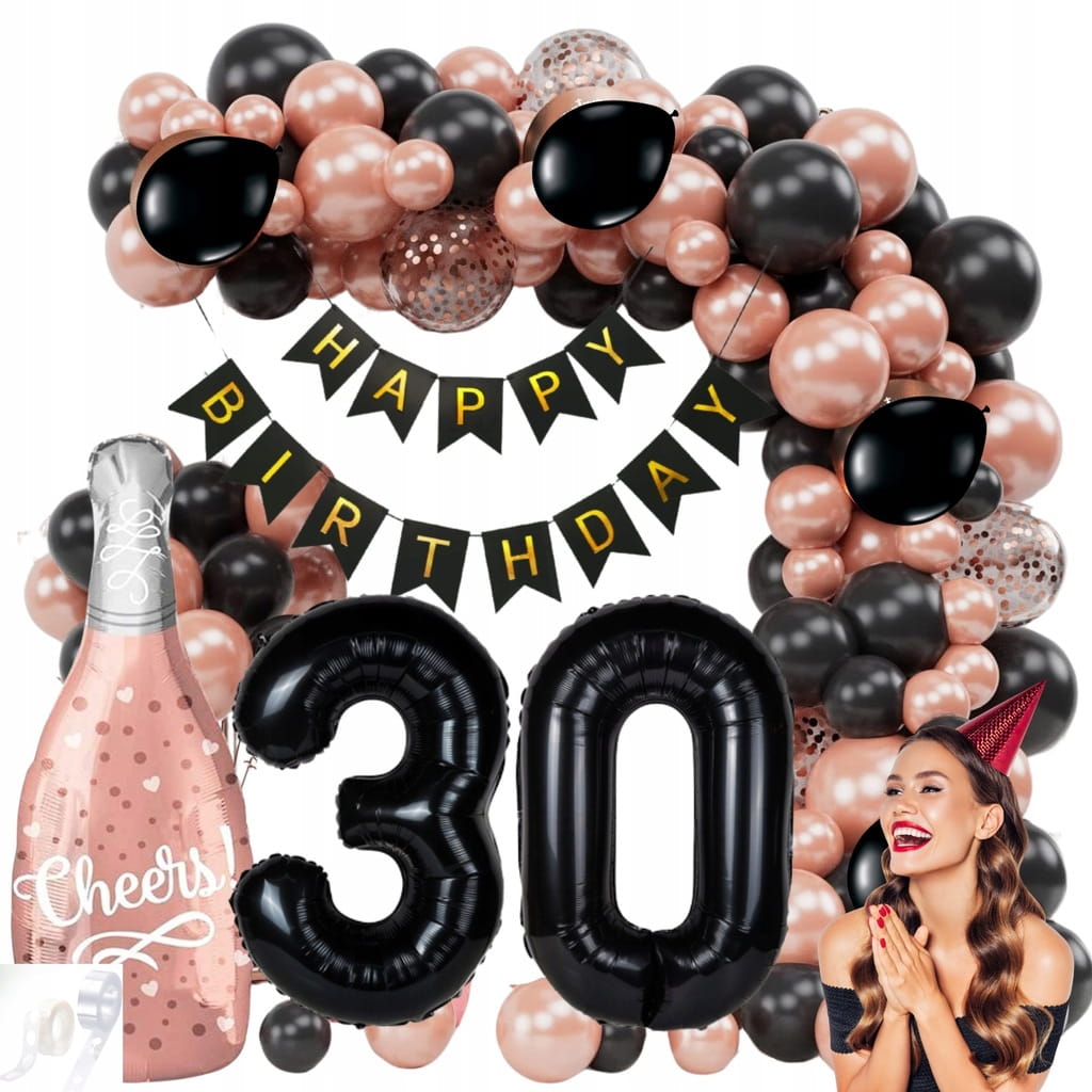 GIRLANDA BALONOWA ZESTAW DEKORACJI BALONY NA 30 URODZINY ROSE GOLD CZARNE