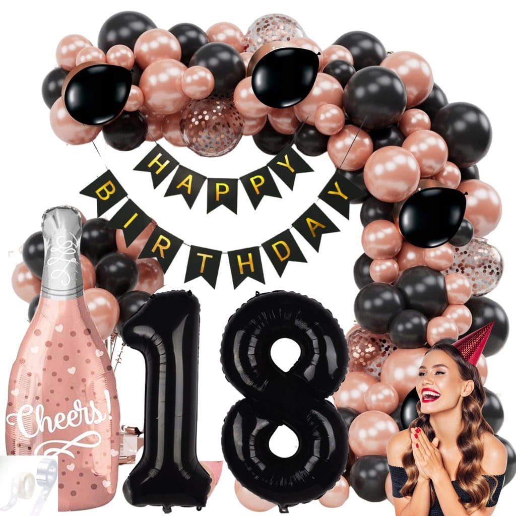 GIRLANDA BALONOWA ZESTAW DEKORACJI BALONY NA 18 URODZINY ROSE GOLD CZARNE