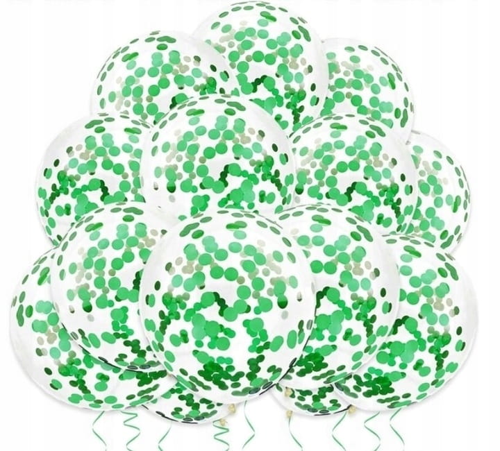 ZESTAW BALONÓW BALONY Z KONFETTI TRANSPARENTNE ZIELONE HEL URODZINY 10 SZT