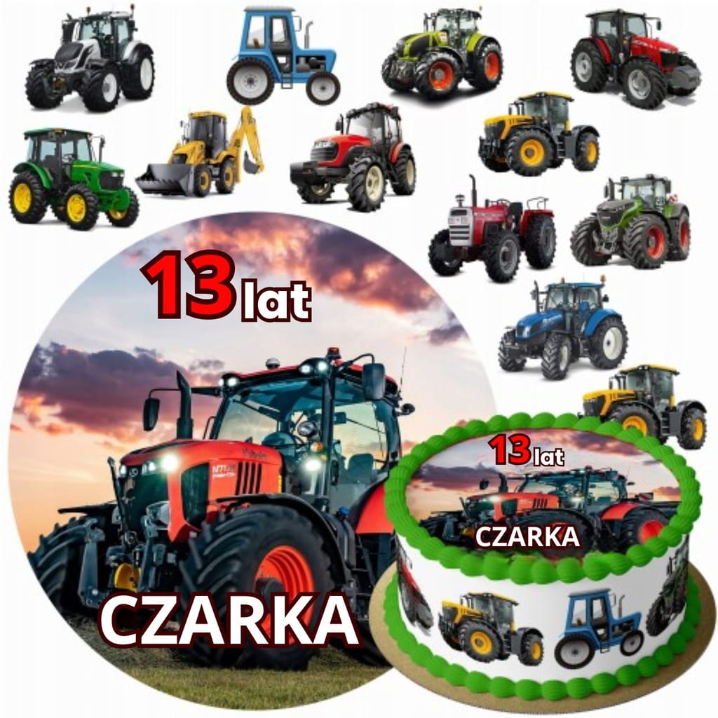 MEGA ZESTAW OPŁATEK NA TORT TRAKTOR + 12 TRAKTORÓW + GRATIS TEKST