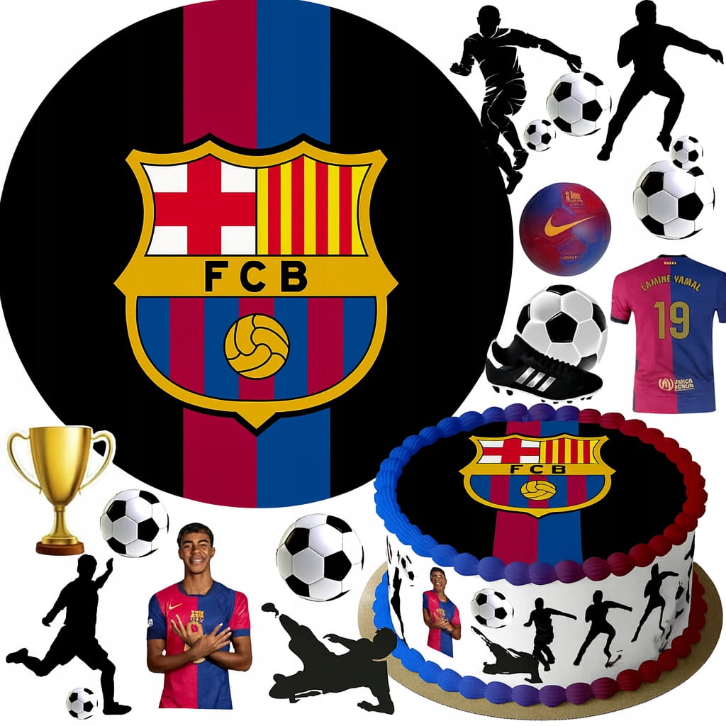 MEGA ZESTAW OPŁATEK NA TORT FC BARCELONA + POSTACI 11szt + TEKST