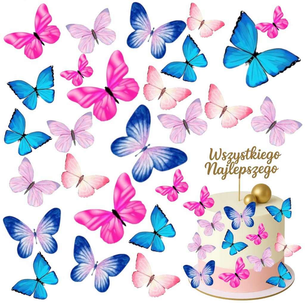 MOTYLE WAFLOWE MOTYLKI 3D DEKORACJE NA TORT 25szt