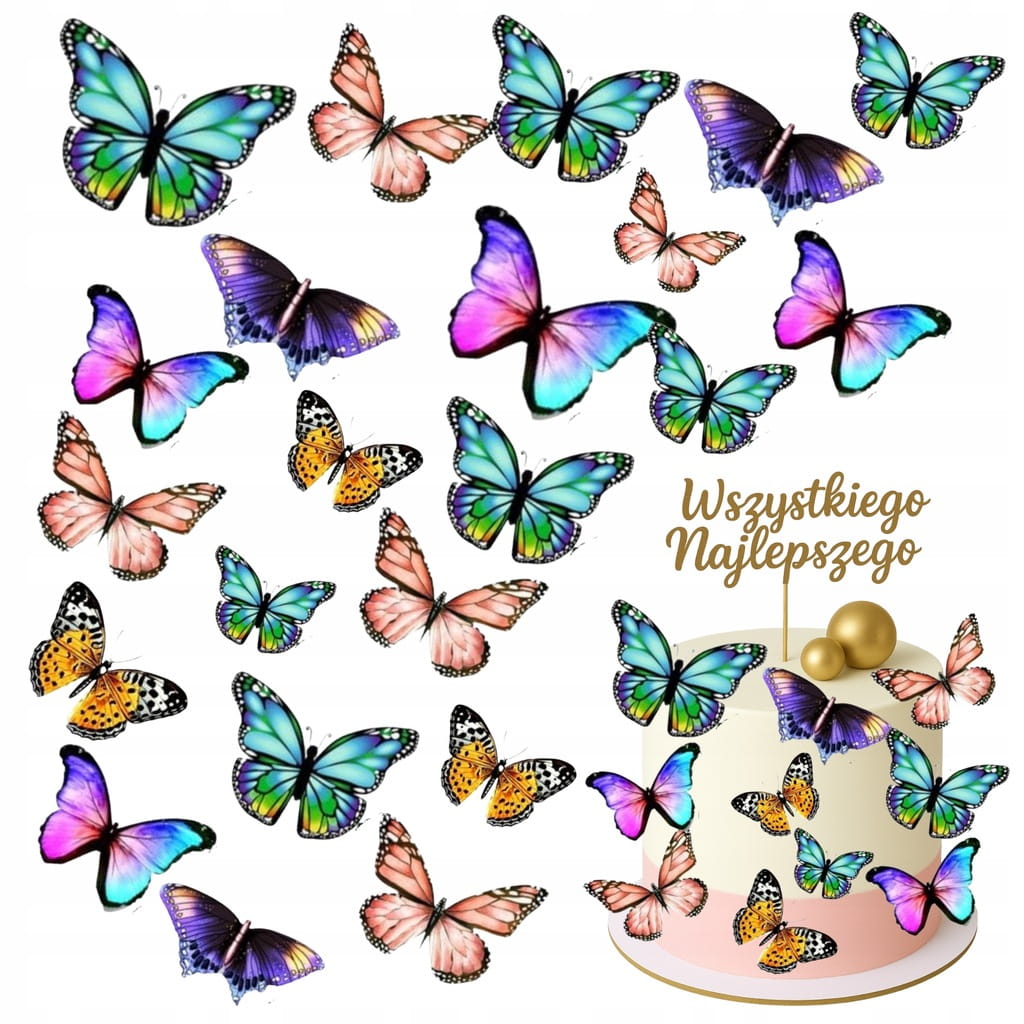 MOTYLE WAFLOWE MOTYLKI 3D DEKORACJE NA TORT 25szt