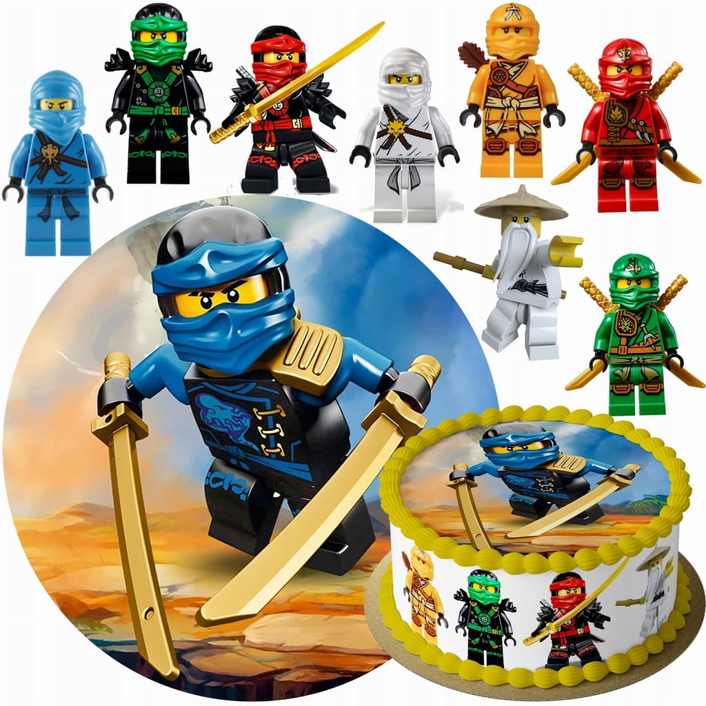 MEGA ZESTAW OPŁATEK NA TORT LEGO NINJAGO NINJA + 8 POSTACI + TEKST