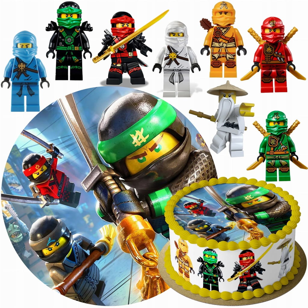 MEGA ZESTAW OPŁATEK NA TORT LEGO NINJAGO NINJA + 8 POSTACI + TEKST