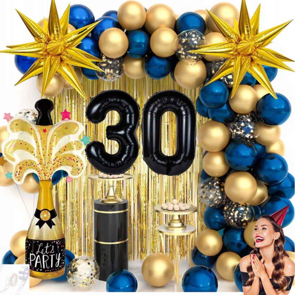 ZESTAW DEKORACJI balony 30 URODZINY ścianka granatowo złota