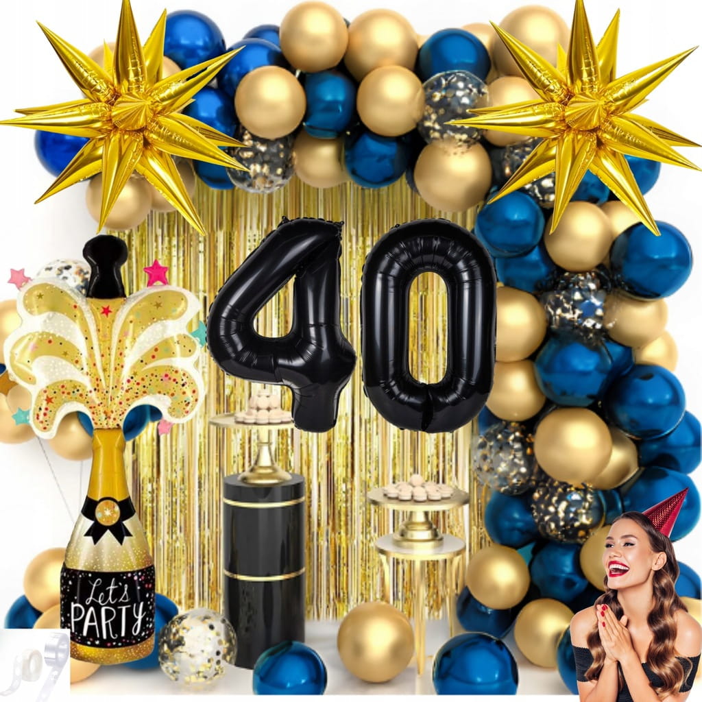 ZESTAW DEKORACJI balony 40 URODZINY ścianka granatowo złota