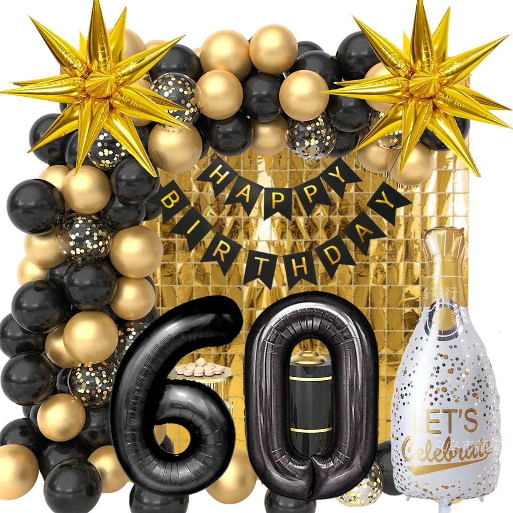 TŁO ŚCIANKA URODZINOWA NA 60 URODZINY DO ZDJĘĆ ZŁOTO CZARNY BALONY